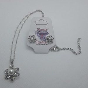 Pearl and Rhinestone Floral Necklace Earring Set